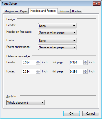 Resume and cover letter header and footer dialog.